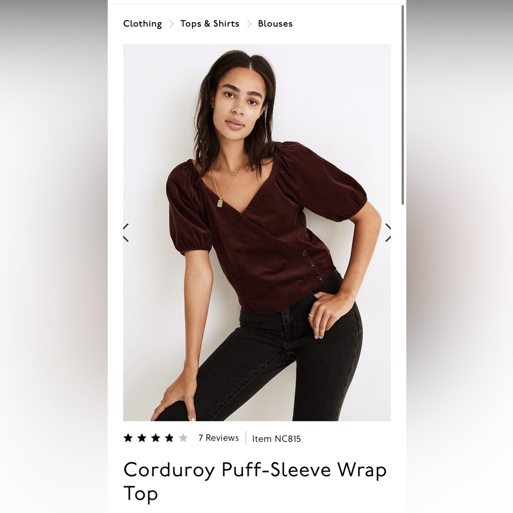 Madewell Corduroy Burgandy Puff Sleeve Wrap Top